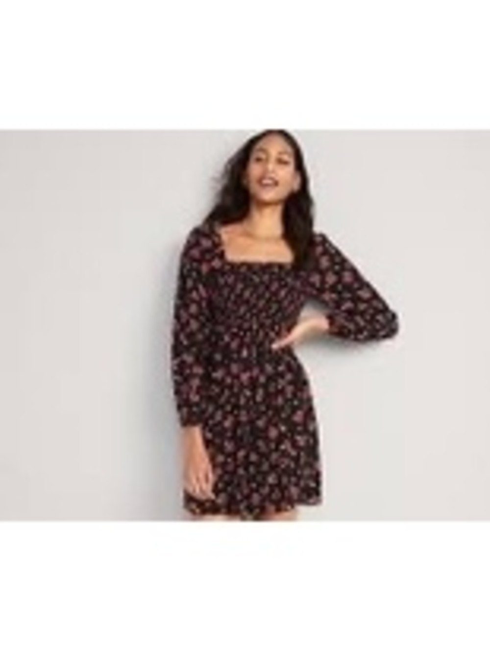 Old Navy Black and Red Fit & Flare Puff-Sleeve Floral Smocked Mini Dress XS
